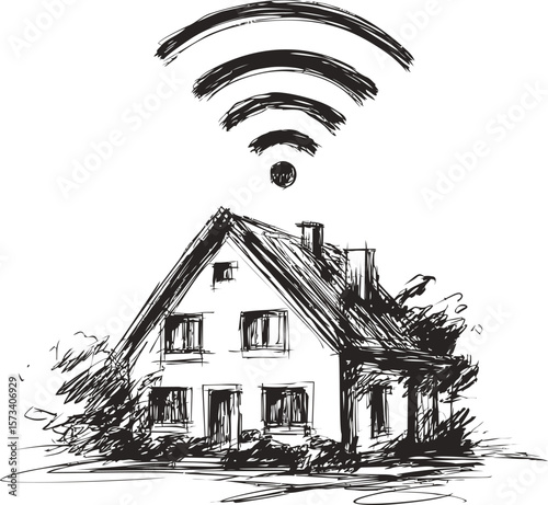 Sketch of a house with wifi signal above representing connectivity concept