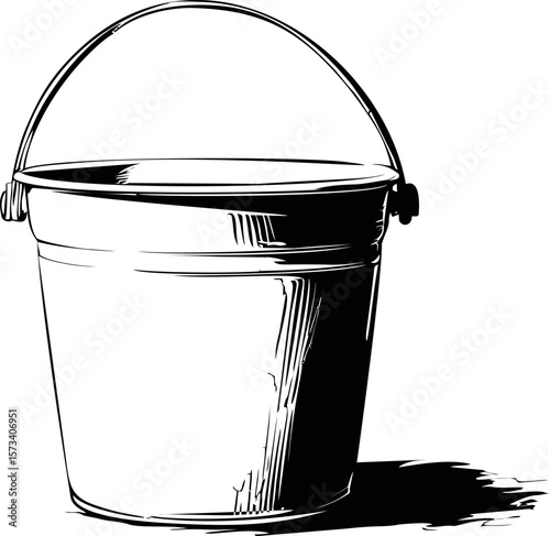 Black and white illustration of a metal bucket with shadows