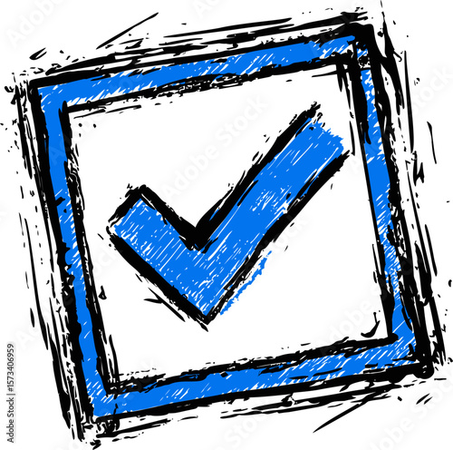 Blue check mark inside a grunge square box, hand-drawn illustration