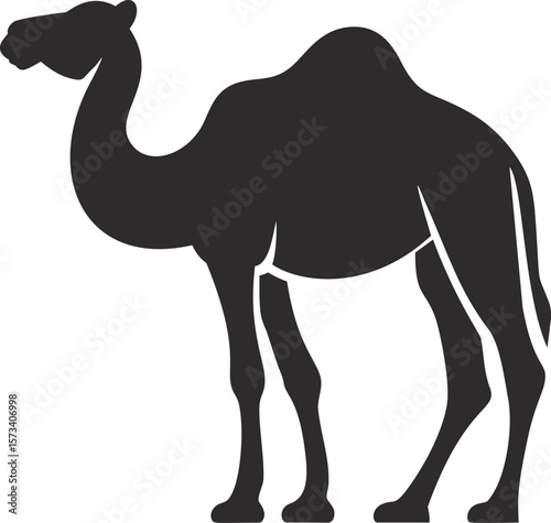 Silhouette of a one-humped camel in profile view, black and white illustration