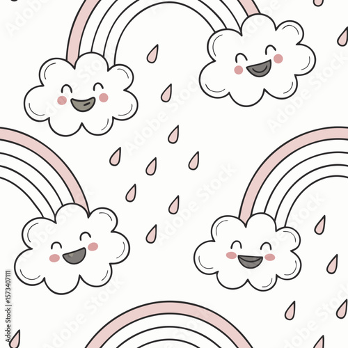 Whimsical seamless pattern of happy clouds and pink pastel rainbows, with raindrops and stars. Ideal for nursery decor, baby clothing, and cheerful children’s prints.