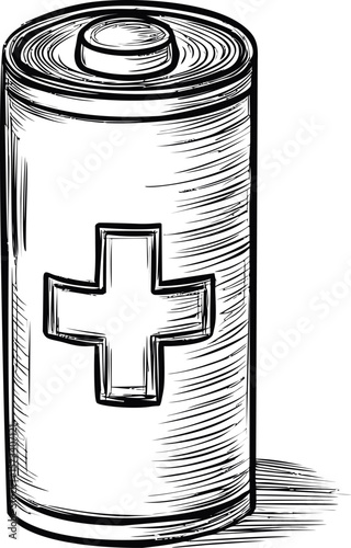 Sketch of cylindrical battery with medical cross symbol, black and white drawing
