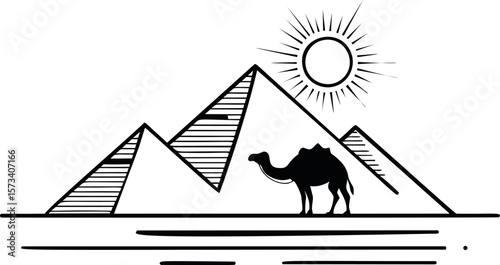 Camel beside egyptian pyramids with a sun symbol in black and white outline