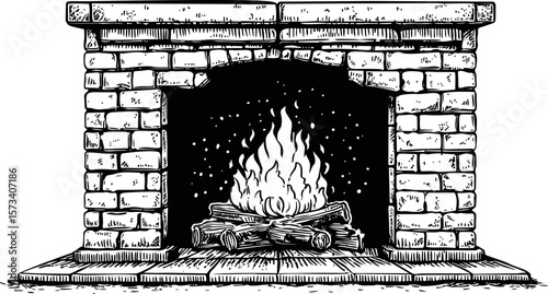 Antique brick fireplace with crackling fire in monochrome drawing style