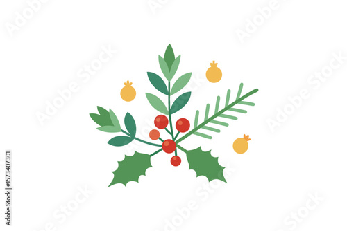 Botanical Collection Of Mistletoe And Pine Flat Illustration