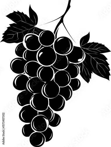 Black and white silhouette of a grape cluster with leaves