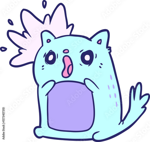 cartoon shocked cat amazed in bright neon color