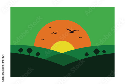 Birds Flying Over Green Pastures And Sunset Horizon