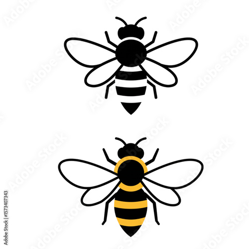 Two bees graphic with black and yellow stripes perfect for icons, logos, and nature-related designs in branding projects and web design.