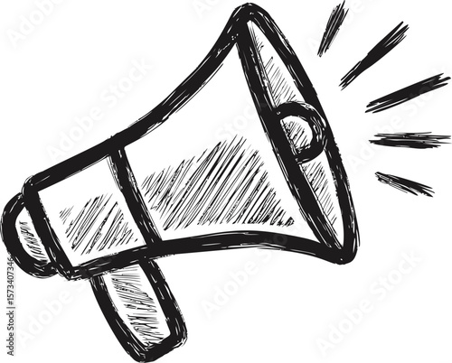 Hand-drawn illustration of a megaphone sketch emitting sound waves