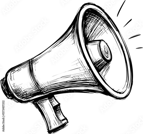 Sketch of a megaphone with sound lines in black and white illustration