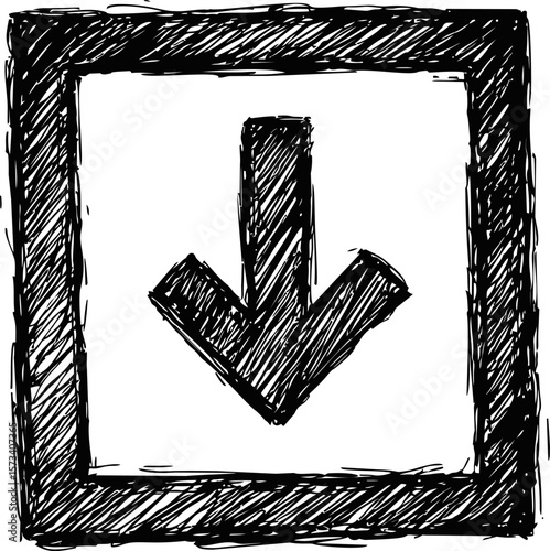 Sketched black downward arrow inside a square with rough doodle style