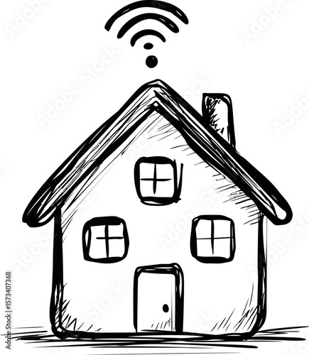 Sketch of a house with wi-fi symbol indicating smart home concept