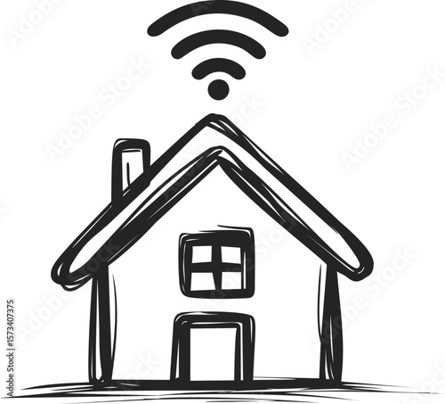 Hand-drawn house with wifi symbol above indicating smart home concept