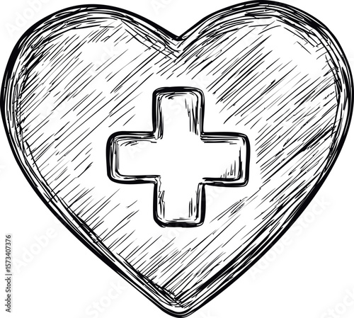 Black and white sketch of a heart with a medical cross symbol