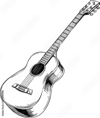Acoustic guitar line art sketch with detailed strings and body design