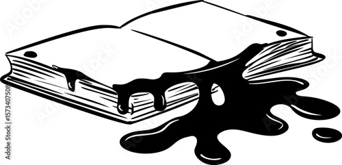 Open book with black ink spilling from pages, symbolic illustration