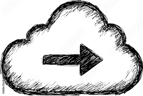 Sketch of a cloud with an arrow pointing right in black and white illustration