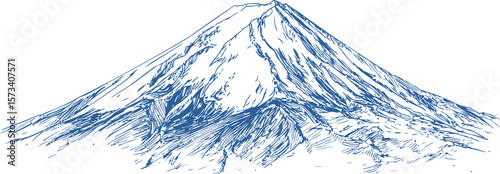 Sketch of mount fuji with detailed linework in blue ink illustration style