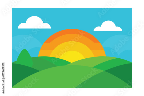 Abstract Cartoon Illustration Of Green Hills And Sunny Sky