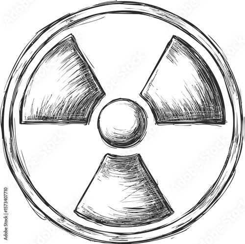 Hand-drawn sketch of radioactive symbol in black and white, conceptual illustration
