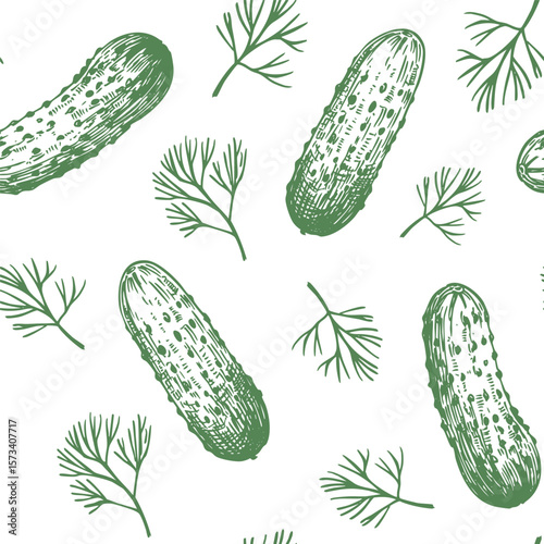 Pickles, cucumbers in a jar, seamless pattern, hand drawn sketch, realistic vector illustration