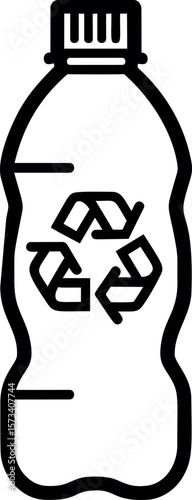 Plastic bottle with recycling symbol in black and white line drawing style