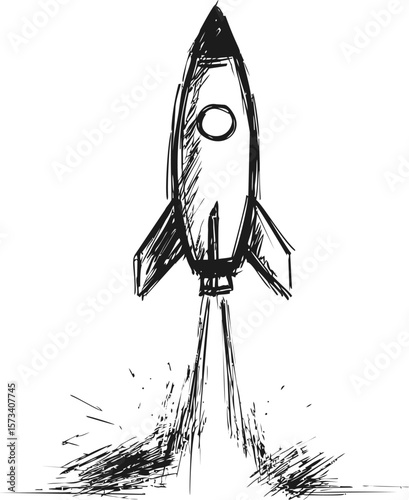 Line sketch of a rocket launching with smoke trails, abstract illustration