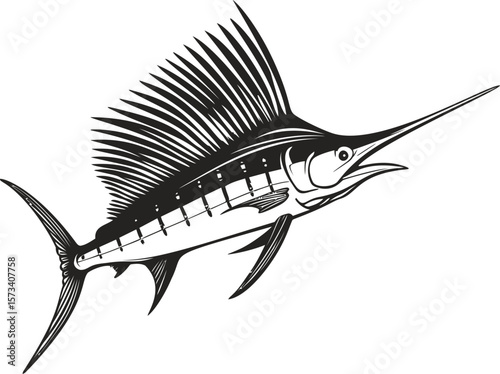 Black and white illustration of a sailfish with sharp fins in profile view