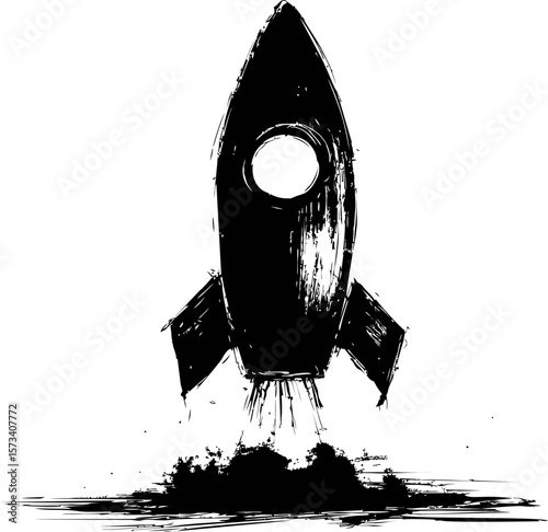 Black ink rocket launching with grunge texture