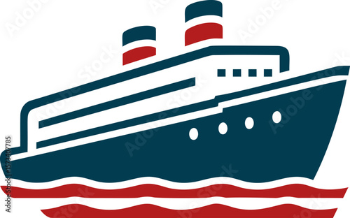 Stylized illustration of a ship with red and blue colors on waves