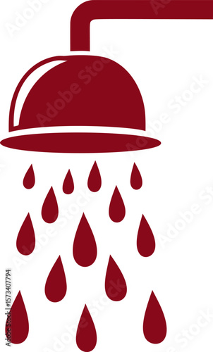 Red showerhead with raindrop-shaped water flow, minimalist vector graphic