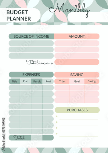 ector Illustration of a Beautiful Monthly Budget Planner. Financial Layout with Various Data Fields.