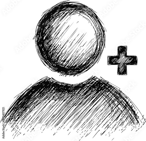 Sketch style user icon with plus sign for adding new contact