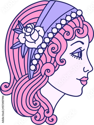 iconic tattoo style image of a gypsy head in bright neon color