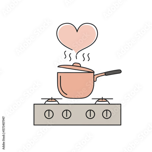 Cooking with love is shown in this sweet design of a pot on a stove, perfect for a logo or graphic elements.