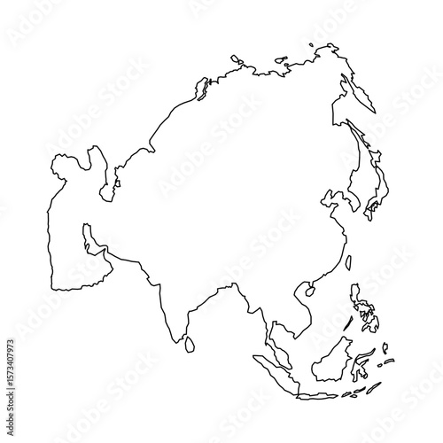 A clear silhouette of the Asian continent map is displayed. The outline captures the geographical features and shapes of surrounding regions, highlighting the diverse landscapes.
