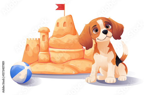 Illustration of a Majestic Sandcastle Composition and a Beach Inflatable Ball. Cute Drawing of Beach Accessories and a Pet.
