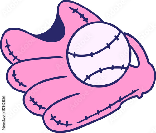 hand drawn cartoon doodle of a baseball and glove in bright neon color