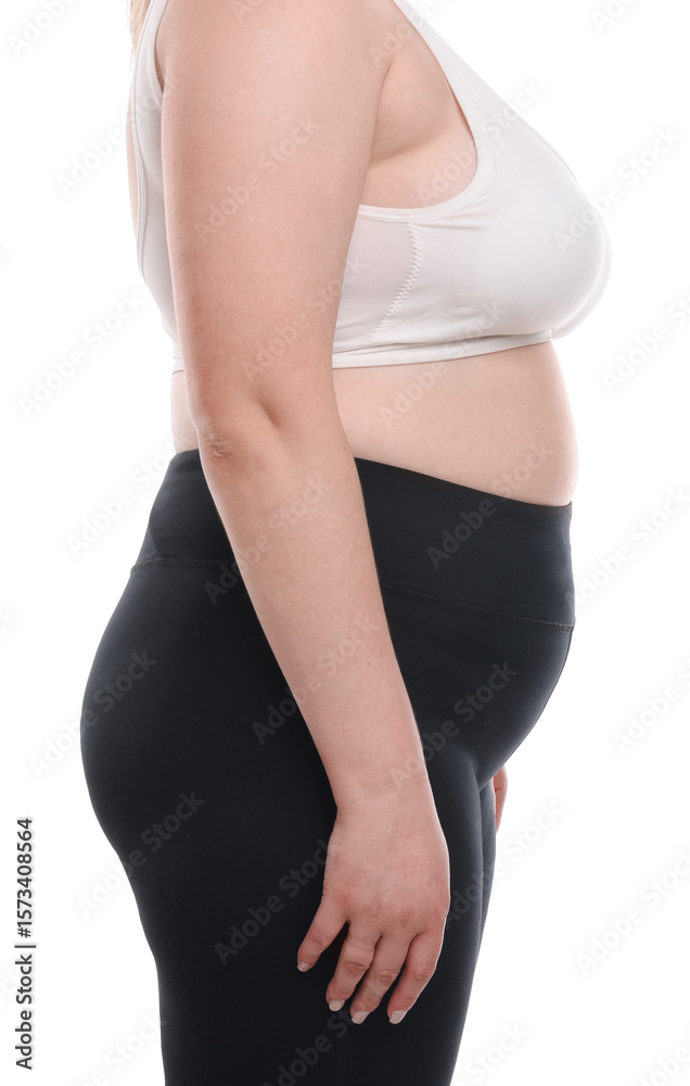 Fototapeta premium Weight loss. Plus size woman on white background, closeup