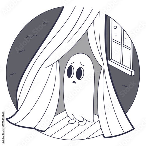 A shy and timid ghost peeking out from behind a curtain in a dimly lit room with a window showing a dark night sky with stars