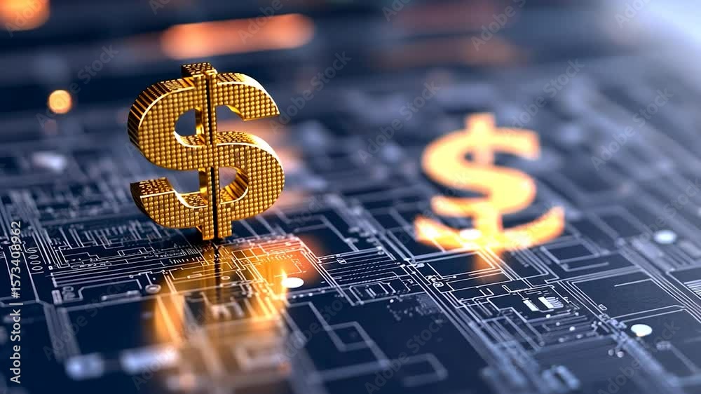 Golden dollar currency symbol on futuristic digital circuit board technology background with illuminated pathways representing global finance and electronic transactions