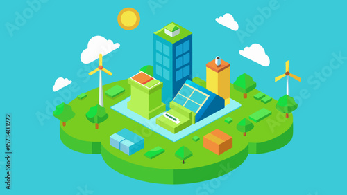 Music app on a mobile phone in a vibrant isometric city with green trees and urban architecture