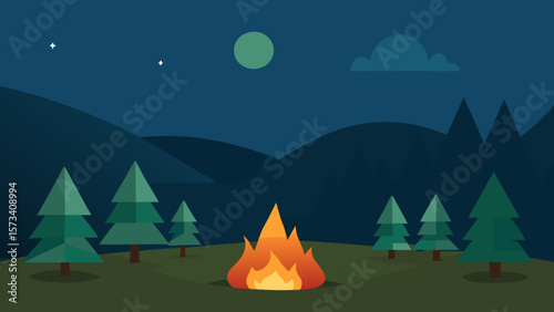 Camping at night in the woods with a tent under a starry sky in a mountain landscape vector illustration