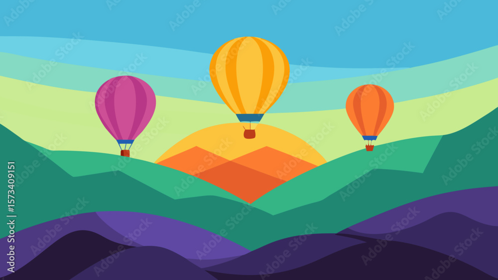 Fototapeta premium Colorful hot air balloons gracefully fly across a cloudy summer sky, illustrating adventure and travel