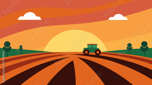Journey into the vast desert landscape as a car speeds along the asphalt highway towards the setting sun on the horizon