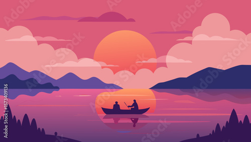 Golden sunset paints a serene landscape with mountains, a tranquil lake, and a lone fishing boat silhouetted against the vibrant evening sky