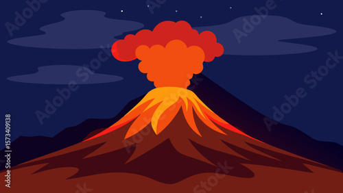 Volcano eruption in a stunning mountain landscape at sunset, with fiery clouds filling the sky
