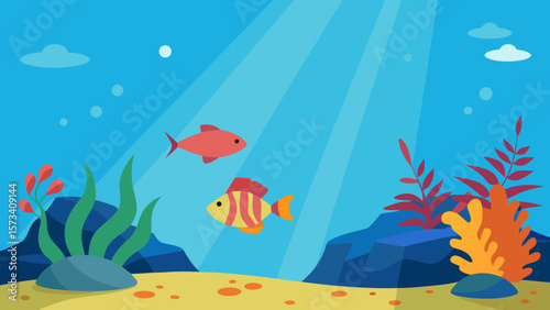 Underwater cartoon illustration of tropical coral reef with marine life, swimming fish and sea animals in blue ocean