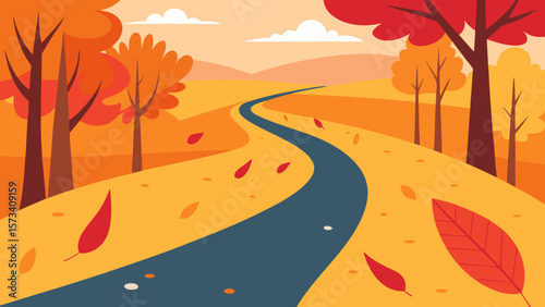 Autumn landscape with a winding forest road, vibrant fall leaves, and a clear sky